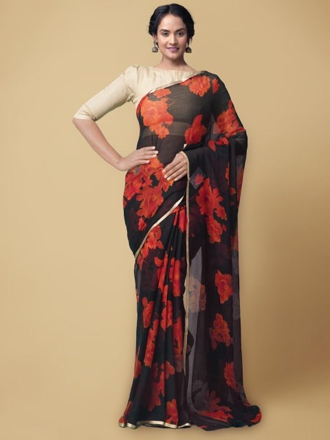 

Unnati Silks Black & Rust Floral Zari Art Silk Saree