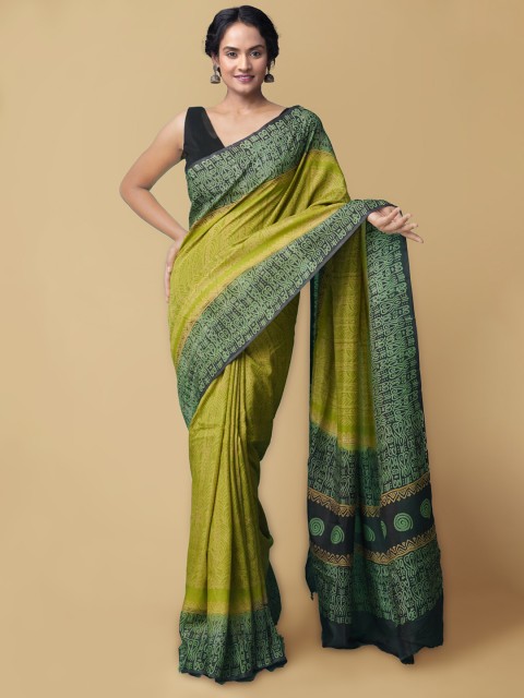 

Unnati Silks Green & Black Hand Block Printed Pure Silk Baluchari Saree