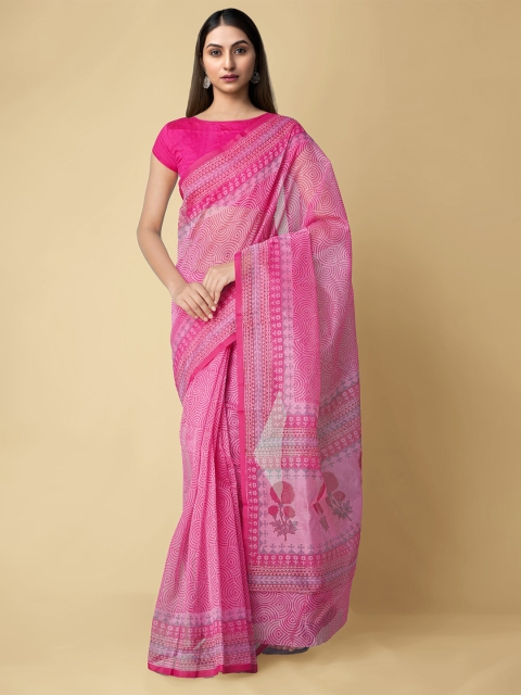

Unnati Silks Pink & Grey Ethnic Motifs Net Kota Saree