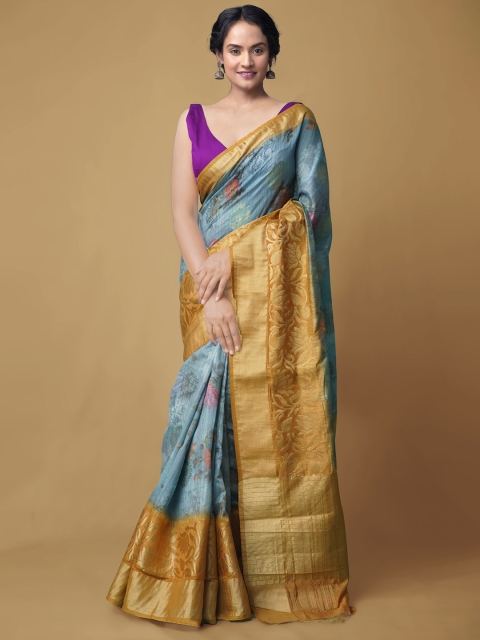 

Unnati Silks Blue & Gold-Toned Woven Design Zari Silk Cotton Banarasi Saree