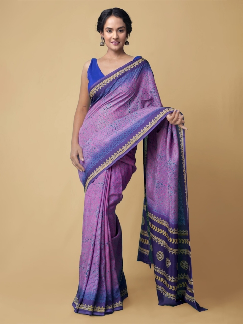 

Unnati Silks Purple & Blue Pure Silk Baluchari Saree