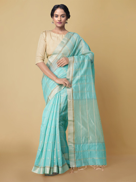 

Unnati Silks Blue & Gold-Toned Checked Silk Cotton Banarasi Saree
