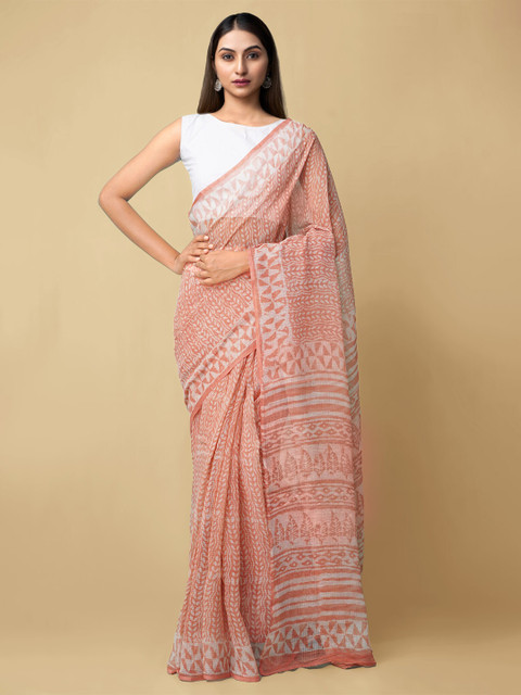 

Unnati Silks Peach-Coloured & Off White Dabu Pure Cotton Kota Saree