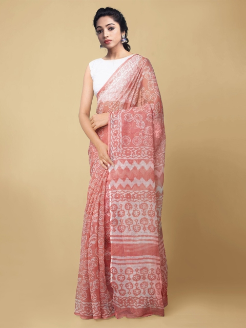 

Unnati Silks Peach-Coloured & White Dabu Pure Cotton Kota Saree