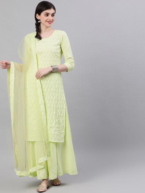 

Nayo Women Lime Green Ethnic Motifs Embroidered Regular Kurta with Skirt & With Dupatta