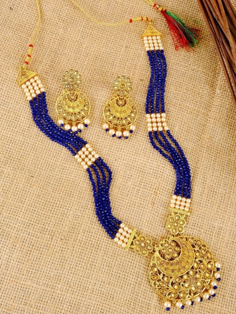 

Crunchy Fashion Gold-Plated Beige & Blue Stone-Studded & Beaded Meenakari Jewellery Set