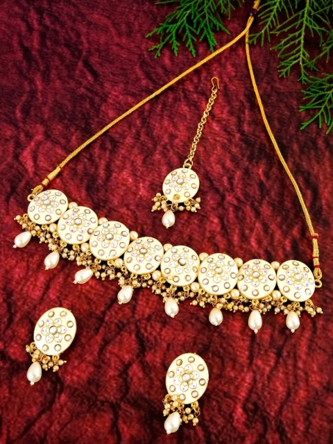 

Crunchy Fashion Gold-Plated & Beige Kundan-Studded & Beaded Meenakari Jewellery Set