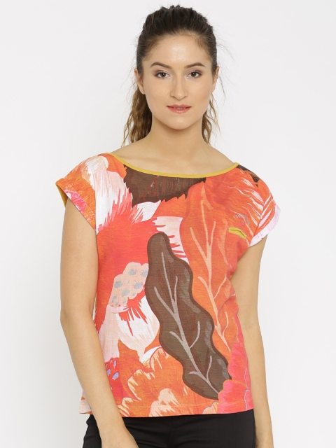 

YWC Women Mustard Yellow & Coral Red Printed Regular Top
