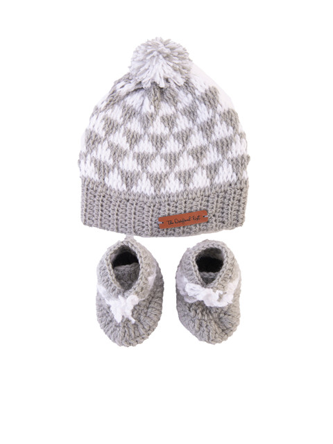 

The Original Knit Unisex Kids Set of Grey & White Handmade Beanie & Booties