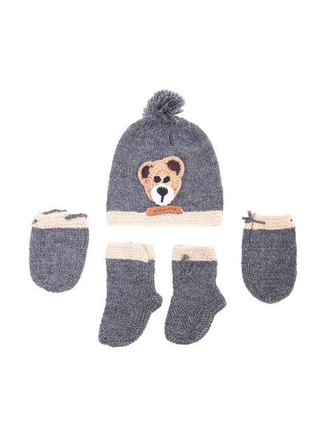 

The Original Knit Unisex Kids Set of Charcoal & Brown Handmade Beanie, Booties & Mittens