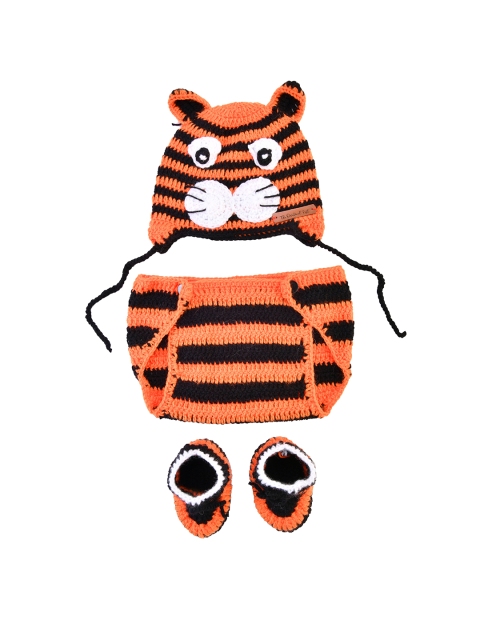 

The Original Knit Kids Set of Orange & Black Tiger Printed Beanie, Booties & Diaper Cover
