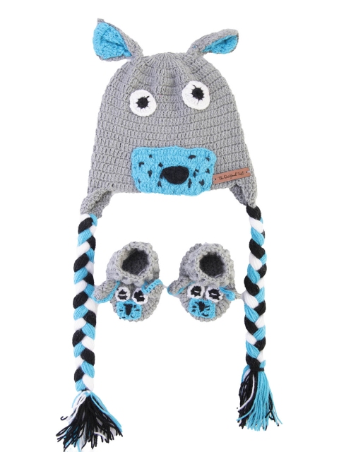 

The Original Knit Kids Set of Handmade Grey & Blue Beanie & Booties