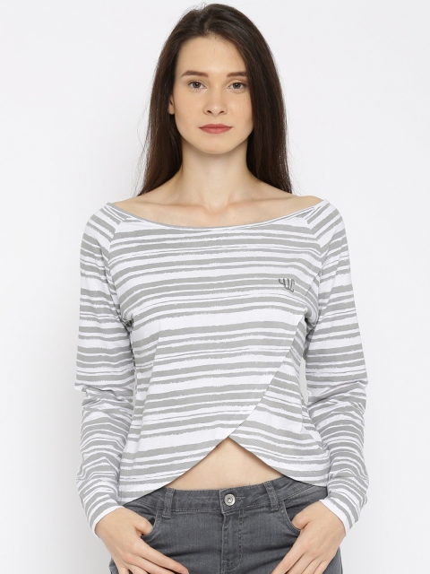 

YWC Women White & Grey Striped Overlapping T-shirt