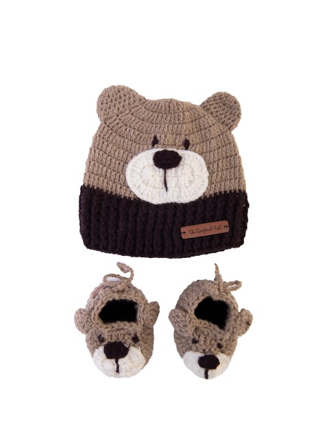 

The Original Knit Unisex Kids Set of Beige & Brown Handmade Beanie & Booties