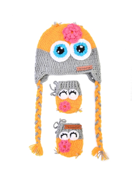 

The Original Knit Girls Set of Yellow & Grey Handmade Beanie & Booties
