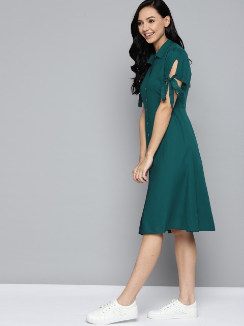 

M&H Our Water Green Solid Gathered Shirt Dress with Tie-up Sleeves