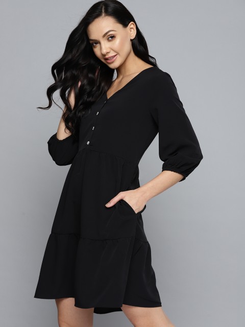 

M&H Our Water Women Black Solid Tiered A-Line Dress
