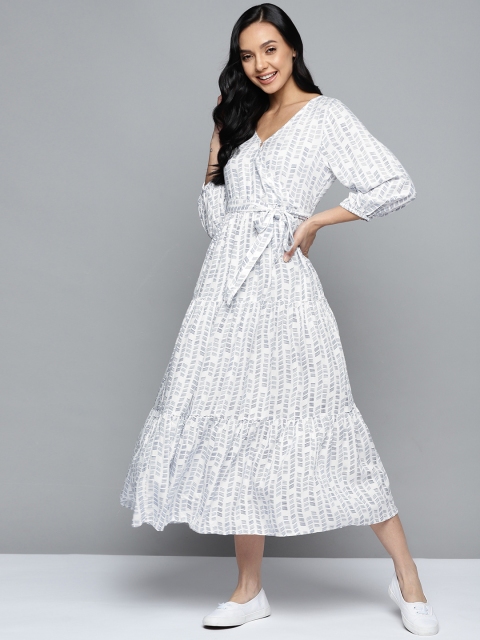 

M&H Our Water White & Navy Blue Printed Midi Wrap Sustainable Dress