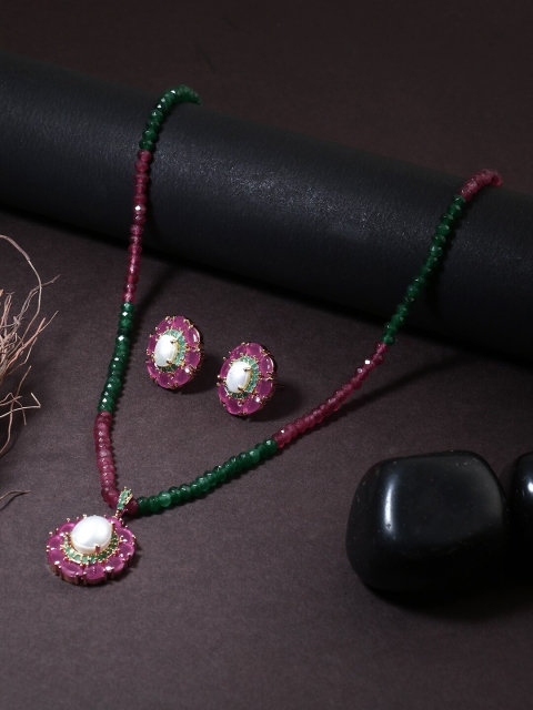 

Adwitiya Collection Gold-Plated Magenta Pink & Green Stone-Studded Beaded Jewellery Set