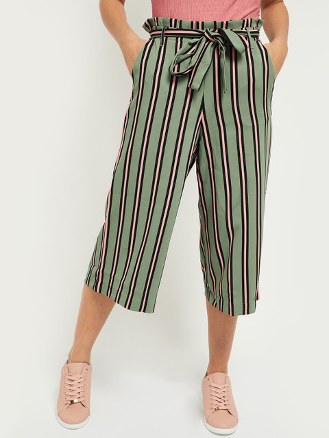 

max Women Green Striped Culottes Trousers