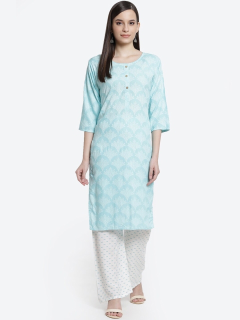 

Kurti's by Menka Women Blue & White Ethnic Motifs Printed Kurti with Trousers