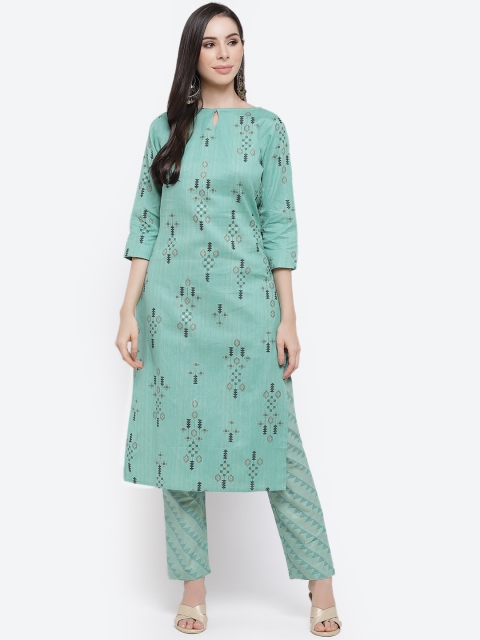 

Kurti's by Menka Women Green Printed Boat Neck Kurta with Trousers