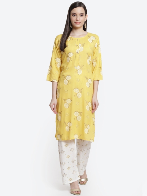 

Kurti's by Menka Women Yellow Round Neck Rayon Kurta with Palazzos