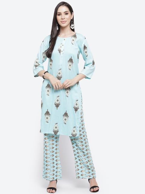 

Kurti's by Menka Women Blue & Gold Ethnic Motifs Printed Straight Kurta With Palazzos