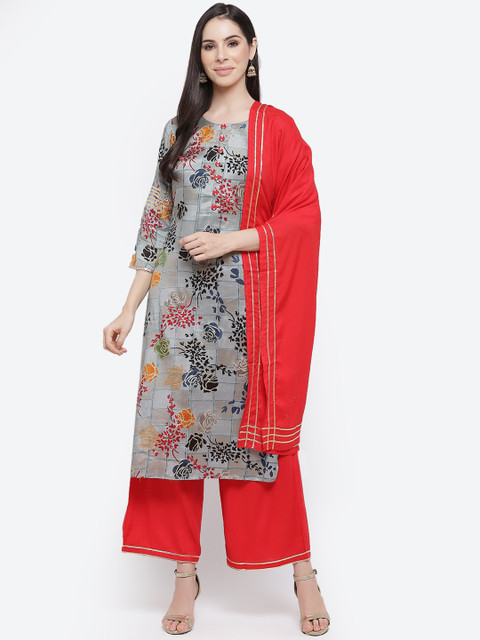 

Kurti's by Menka Women Grey Floral Printed Kurta with Palazzos & With Dupatta