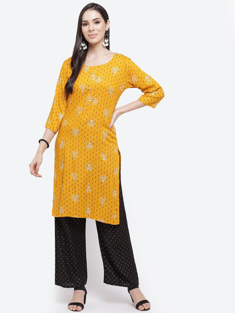 

Kurti's by Menka Women Yellow & Black Ethnic Motifs Printed Kurta with Trousers