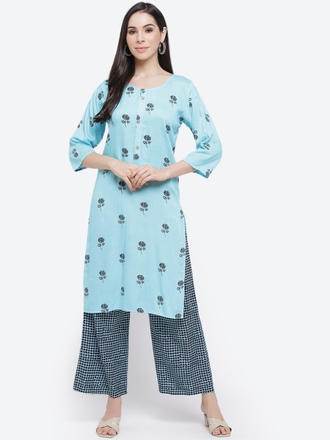 

Kurti's by Menka Women Blue & Grey Floral Printed Kurti with Palazzos