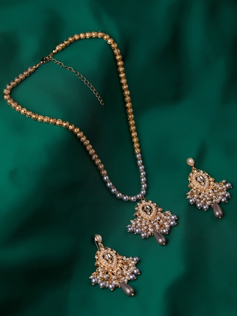 

Accessorize Gold-Toned Grey & White Stone-Studded Pearl Beaded Jewellery Set