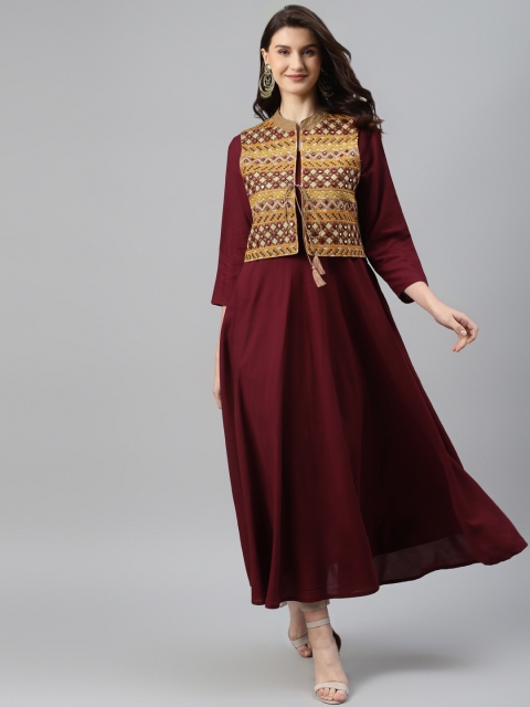 

Readiprint Fashions Women Maroon Solid Anarkali Kurta with Ethnic Jacket