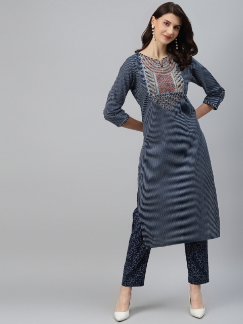 

Readiprint Fashions Women Blue Striped Thread Work Kurta with Trousers