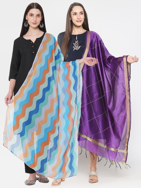 

Get Wrapped Purple & Turquoise Blue Printed Dupatta with Thread Work