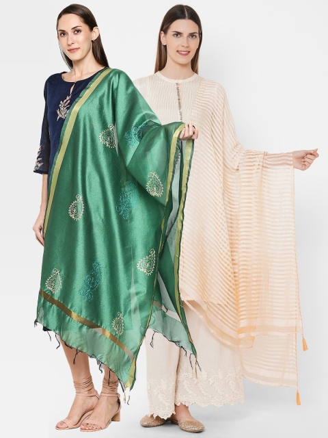 

Get Wrapped Cream-Coloured & Green Set of 2 Dupatta