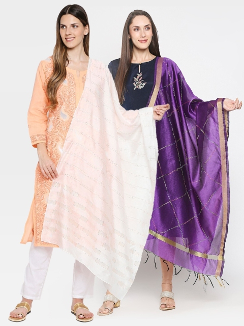 

Get Wrapped Pack of 2 Purple & White Embroidered Viscose Rayon Dupatta with Zari