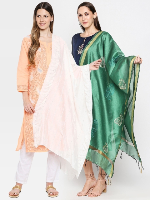 

Get Wrapped Pack of 2 White & Green Striped Viscose Rayon Dupatta with Thread Work