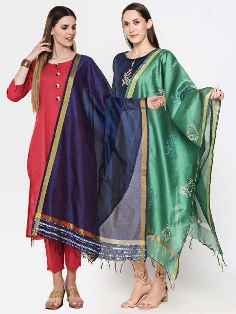

Get Wrapped Pack of 2 Green & Blue Paisley Embroidered Dupatta with Zari