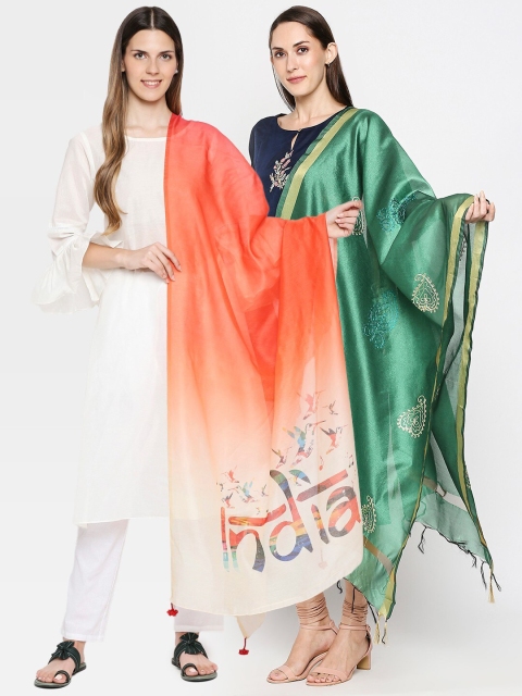 

Get Wrapped Pack of 2 Green & Orange Printed Dupatta with Thread Work