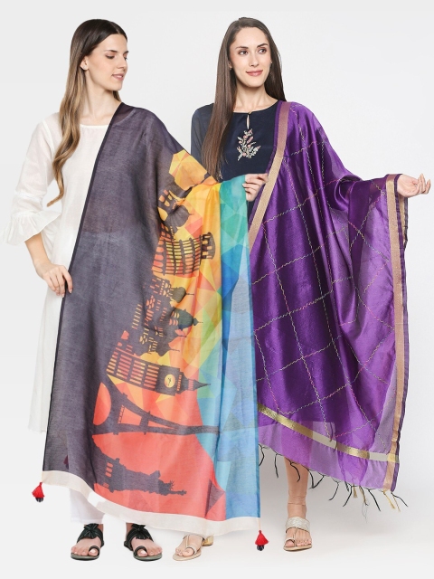 

Get Wrapped Pack of 2 Purple & Grey Printed Dupatta with Thread Work