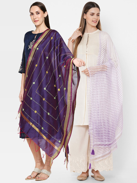 

Get Wrapped Pack of 2 Purple & Gold-Toned Striped Dupatta with Zari