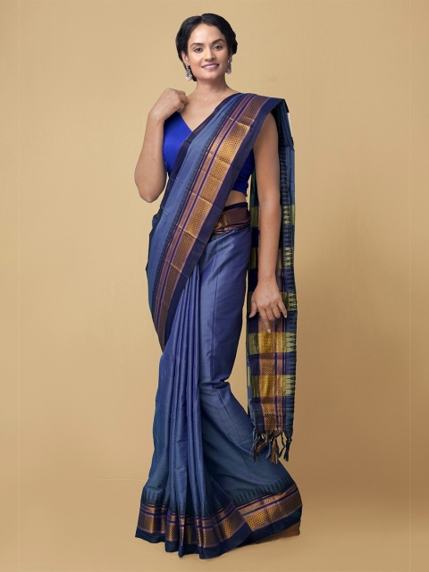 

Unnati Silks Blue & Gold-Coloured Zari Handloom Sustainable Silk Cotton Narayan Peth Saree