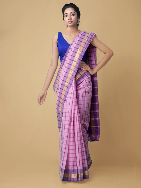 

Unnati Silks Lavender & Purple Checked Zari Pure Handloom Cotton Pavni Mangalagiri Saree