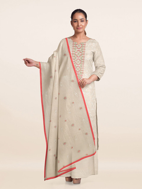 

Pothys Cream-Coloured & Red Satin Unstitched Dress Material