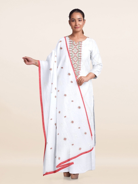 

Pothys Women White & Olive Green Embroidered Satin Unstitched Dress Material