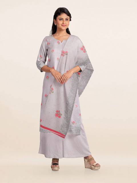

Pothys Grey & Pink Floral Embroidered Poly Georgette Unstitched Dress Material