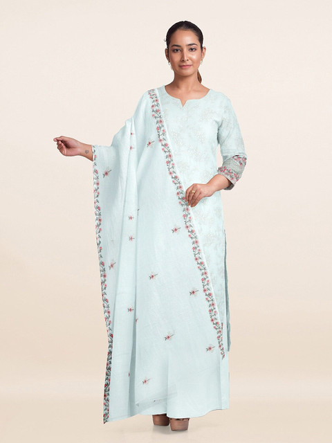

Pothys Sea Green & Red Floral Embroidered Poly Georgette Unstitched Dress Material