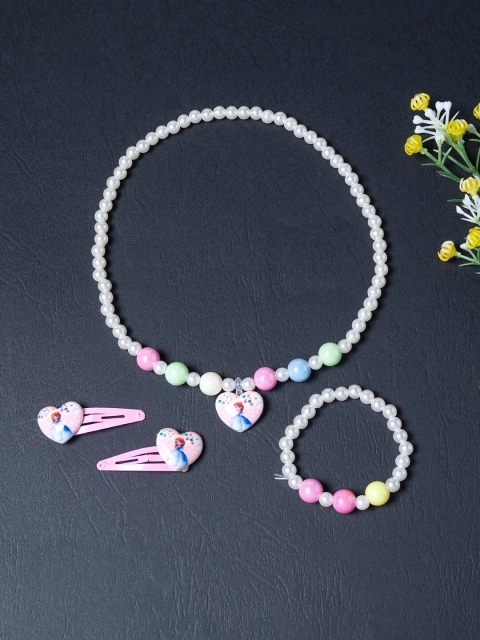 

Golden Peacock Girls White & Pink Beaded Stretchable Handcrafted Jewellery Set