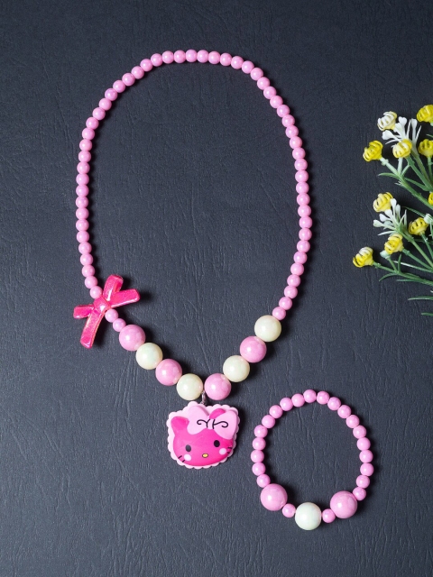 

Golden Peacock Girls Pink & Yellow Beaded Stretchable Handcrafted Jewellery Set